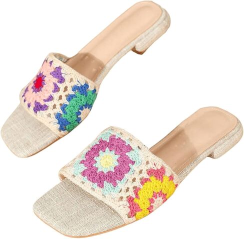 Verdusa Women's Crochet Flat Sandals Square Open Toe Slide Sandals Colorblock Trim Sandals in Saudi Arabia