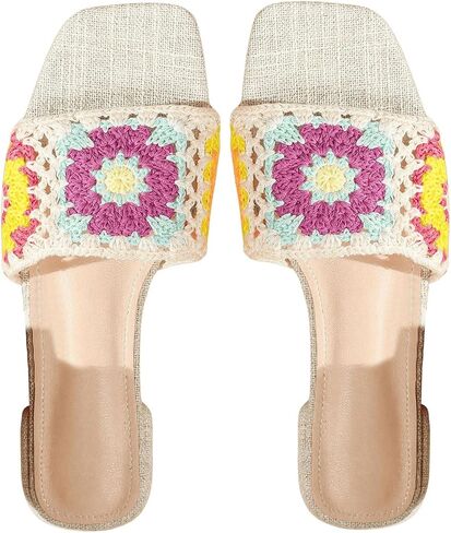 Verdusa Women's Crochet Flat Sandals Square Open Toe Slide Sandals Colorblock Trim Sandals in Saudi Arabia