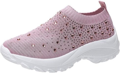 Women's Rhinestones Glitter Knitted Mesh Orthopedic Sock Sneakers,Comfortable Breathable Slip On Arch Support Walking Shoes Ultra-Light Non-Slip Loafers. in Saudi Arabia