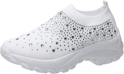 Women's Rhinestones Glitter Knitted Mesh Orthopedic Sock Sneakers,Comfortable Breathable Slip On Arch Support Walking Shoes Ultra-Light Non-Slip Loafers. in Saudi Arabia