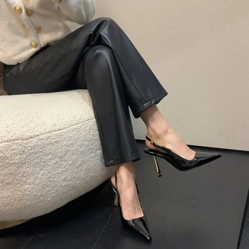 كعب Slingback للنساء مربع أشار تو مشبك معدني مضخات براءات الاختراع والجلود Stiletto فستان عالي الكعب أحذية الزفاف in Kuwait