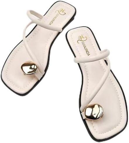 Women's leather strappy flat metal toe ring sandals fashionable square open toe low block heel slip-on Clip Toe Slide Sandals Casual Summer Beach slipper in Saudi Arabia