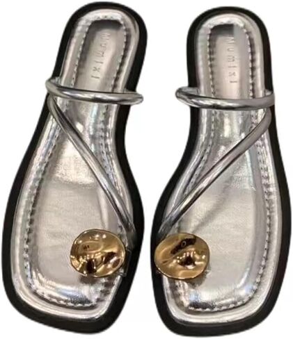 Women's leather strappy flat metal toe ring sandals fashionable square open toe low block heel slip-on Clip Toe Slide Sandals Casual Summer Beach slipper in Saudi Arabia