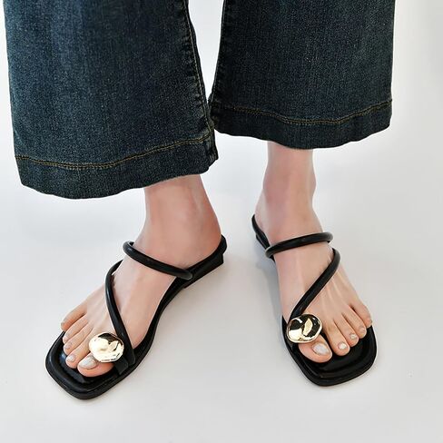 Women's leather strappy flat metal toe ring sandals fashionable square open toe low block heel slip-on Clip Toe Slide Sandals Casual Summer Beach slipper in Saudi Arabia
