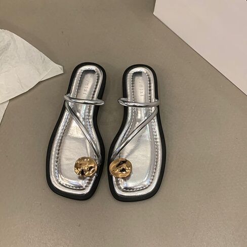 Women's leather strappy flat metal toe ring sandals fashionable square open toe low block heel slip-on Clip Toe Slide Sandals Casual Summer Beach slipper in Saudi Arabia