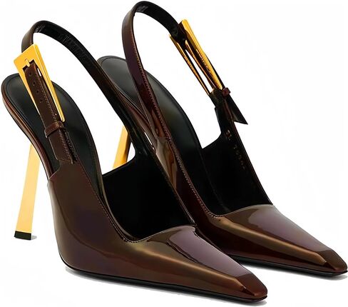 Slingback Heels for Women Square Pointed Toe Metal Buckle Pumps Patent Leather Stiletto High Heel Dress Wedding Shoes in Saudi Arabia