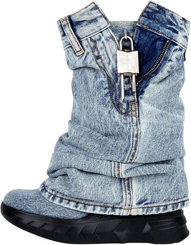 Women's Boots thick Bottom Western Cowboy Round Toe Padlock Folding Boots for women Vintage Fashion Heightened Breathable Mid Calf Booties in Saudi Arabia