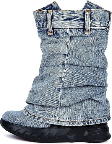 Women's Boots thick Bottom Western Cowboy Round Toe Padlock Folding Boots for women Vintage Fashion Heightened Breathable Mid Calf Booties in Saudi Arabia