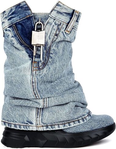 Women's Boots thick Bottom Western Cowboy Round Toe Padlock Folding Boots for women Vintage Fashion Heightened Breathable Mid Calf Booties in Saudi Arabia