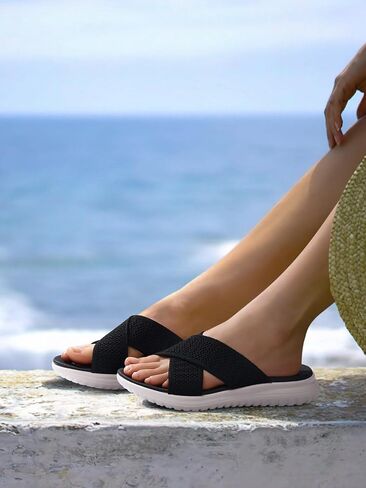 TEMOFON Slides for Women Wide Width Sandals: Comfort Arch Support Flat Sandals, Breathable Summer Beach Sandals, Lightweight Walking Slide Size 5-9 in Saudi Arabia