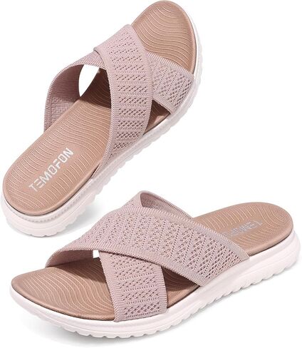 TEMOFON Slides for Women Wide Width Sandals: Comfort Arch Support Flat Sandals, Breathable Summer Beach Sandals, Lightweight Walking Slide Size 5-9 in Saudi Arabia