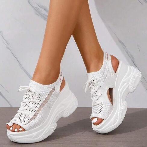 XHOGNLS Women's Hollow Out Platform Wedge Sandals Non-Slip Breathable Lace-Up Fish Mouth Sneakers Casual Summer Hollow_Out Open Toe Sport Shoes in Saudi Arabia