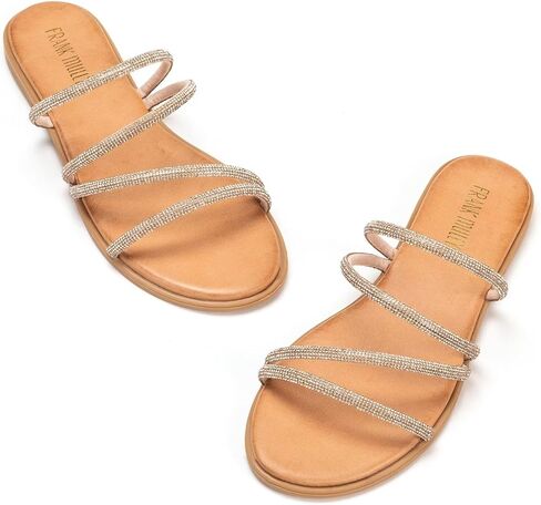 Frank Mully Womens Slide Sandals Open Toe Rhinestone Straps Slip On Beach Slide Casual Dressy Flats Sandal for Women Summer in Saudi Arabia