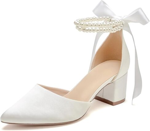 Women's Closed Toe Wedding Shoes Chunky Block Heels with Pearls Satin Pumps Ankle Strap Prom Evening Party Shoes in Saudi Arabia