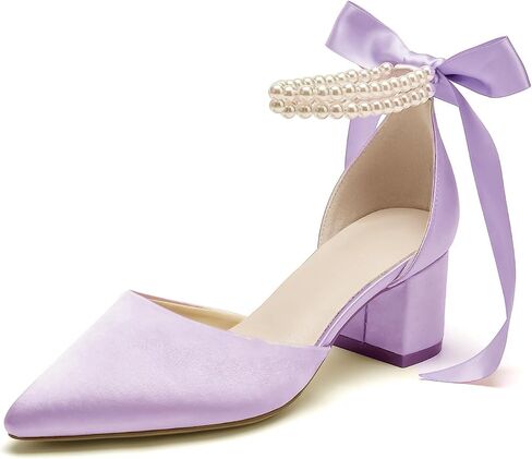 Women's Closed Toe Wedding Shoes Chunky Block Heels with Pearls Satin Pumps Ankle Strap Prom Evening Party Shoes in Saudi Arabia