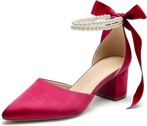 Women's Closed Toe Wedding Shoes Chunky Block Heels with Pearls Satin Pumps Ankle Strap Prom Evening Party Shoes in Saudi Arabia
