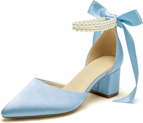 Women's Closed Toe Wedding Shoes Chunky Block Heels with Pearls Satin Pumps Ankle Strap Prom Evening Party Shoes in Saudi Arabia