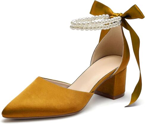 Women's Closed Toe Wedding Shoes Chunky Block Heels with Pearls Satin Pumps Ankle Strap Prom Evening Party Shoes in Saudi Arabia