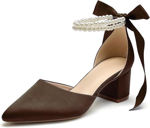 Women's Closed Toe Wedding Shoes Chunky Block Heels with Pearls Satin Pumps Ankle Strap Prom Evening Party Shoes in Saudi Arabia
