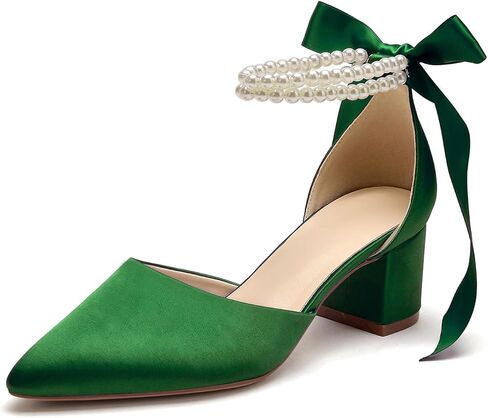 Women's Closed Toe Wedding Shoes Chunky Block Heels with Pearls Satin Pumps Ankle Strap Prom Evening Party Shoes in Saudi Arabia