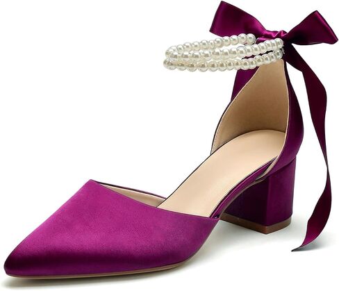 Women's Closed Toe Wedding Shoes Chunky Block Heels with Pearls Satin Pumps Ankle Strap Prom Evening Party Shoes in Saudi Arabia