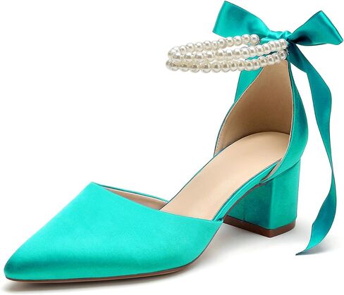 Women's Closed Toe Wedding Shoes Chunky Block Heels with Pearls Satin Pumps Ankle Strap Prom Evening Party Shoes in Saudi Arabia