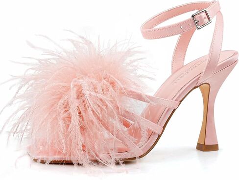 BCTEX COLL Women's Heeled Sandals Fluffy Feather Square Open Toe Ankle Strap Sexy Stiletto High Heels for Wedding Party Dance Evening in Saudi Arabia