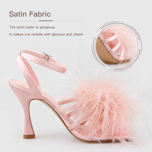 BCTEX COLL Women's Heeled Sandals Fluffy Feather Square Open Toe Ankle Strap Sexy Stiletto High Heels for Wedding Party Dance Evening in Saudi Arabia