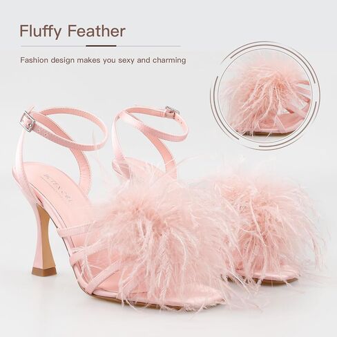 BCTEX COLL Women's Heeled Sandals Fluffy Feather Square Open Toe Ankle Strap Sexy Stiletto High Heels for Wedding Party Dance Evening in Saudi Arabia