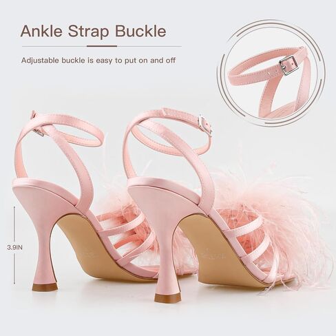 BCTEX COLL Women's Heeled Sandals Fluffy Feather Square Open Toe Ankle Strap Sexy Stiletto High Heels for Wedding Party Dance Evening in Saudi Arabia