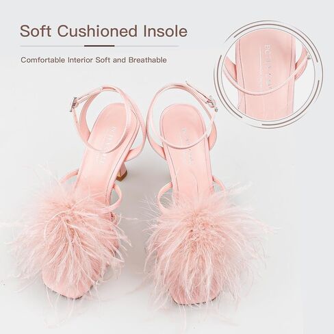 BCTEX COLL Women's Heeled Sandals Fluffy Feather Square Open Toe Ankle Strap Sexy Stiletto High Heels for Wedding Party Dance Evening in Saudi Arabia