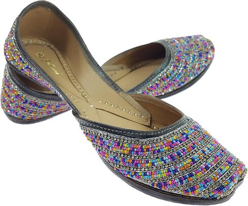 Women's Colors Beads Genuine Soft Leather Juttis | Bite and Pinch Free Jutis | Ladies Punjabi Jutti | Wedding Flat Stylish Mojari | Bridal Ethnic Flats For Girls | in Saudi Arabia