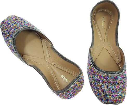 Women's Colors Beads Genuine Soft Leather Juttis | Bite and Pinch Free Jutis | Ladies Punjabi Jutti | Wedding Flat Stylish Mojari | Bridal Ethnic Flats For Girls | in Saudi Arabia
