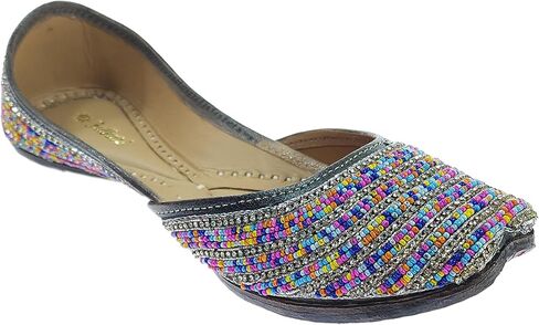 Women's Colors Beads Genuine Soft Leather Juttis | Bite and Pinch Free Jutis | Ladies Punjabi Jutti | Wedding Flat Stylish Mojari | Bridal Ethnic Flats For Girls | in Saudi Arabia