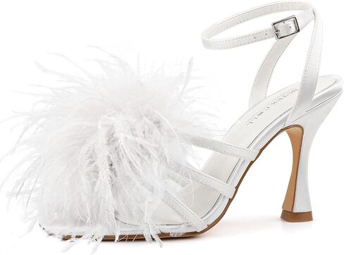 BCTEX COLL Women's Heeled Sandals Fluffy Feather Square Open Toe Ankle Strap Sexy Stiletto High Heels for Wedding Party Dance Evening in Saudi Arabia