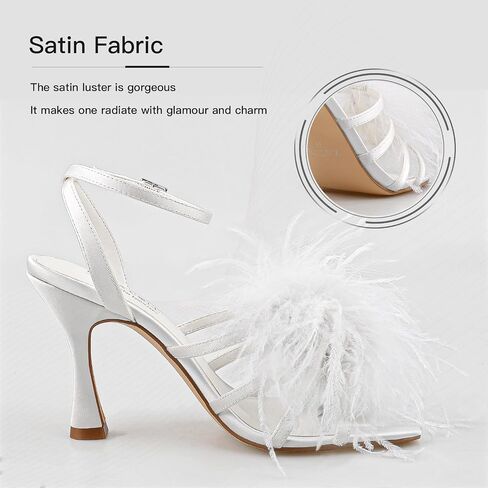 BCTEX COLL Women's Heeled Sandals Fluffy Feather Square Open Toe Ankle Strap Sexy Stiletto High Heels for Wedding Party Dance Evening in Saudi Arabia