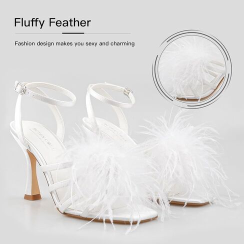 BCTEX COLL Women's Heeled Sandals Fluffy Feather Square Open Toe Ankle Strap Sexy Stiletto High Heels for Wedding Party Dance Evening in Saudi Arabia