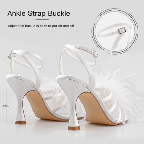 BCTEX COLL Women's Heeled Sandals Fluffy Feather Square Open Toe Ankle Strap Sexy Stiletto High Heels for Wedding Party Dance Evening in Saudi Arabia
