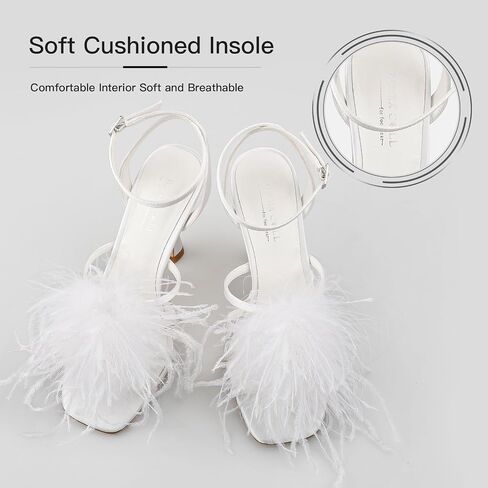 BCTEX COLL Women's Heeled Sandals Fluffy Feather Square Open Toe Ankle Strap Sexy Stiletto High Heels for Wedding Party Dance Evening in Saudi Arabia