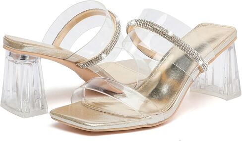 DADAWEN Women's Square Toe Clear Two Strap Open Toe Low Block Chunky Slip on Heels Sandals for Women Dressy in Kuwait