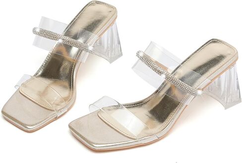 DADAWEN Women's Square Toe Clear Two Strap Open Toe Low Block Chunky Slip on Heels Sandals for Women Dressy in Kuwait