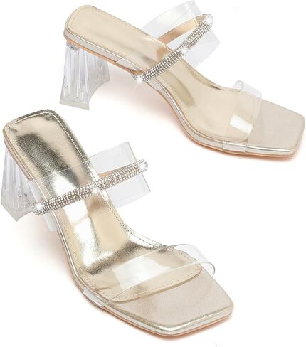 DADAWEN Women's Square Toe Clear Two Strap Open Toe Low Block Chunky Slip on Heels Sandals for Women Dressy in Kuwait