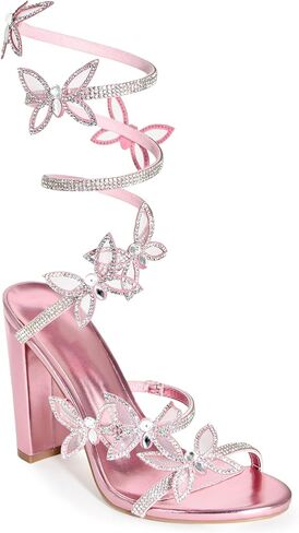 Wild Diva Women's Morris-581 Rhinestone Butterfly Detail Spiral Coil Wrap Around Chunk Heel in Saudi Arabia
