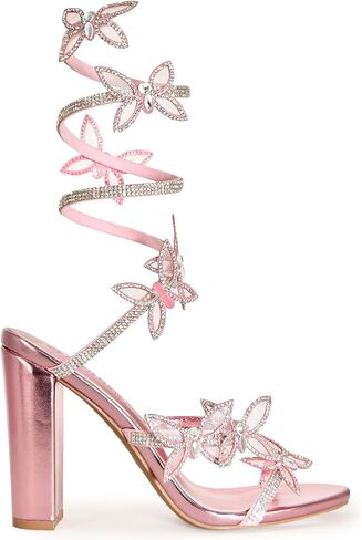 Wild Diva Women's Morris-581 Rhinestone Butterfly Detail Spiral Coil Wrap Around Chunk Heel in Saudi Arabia
