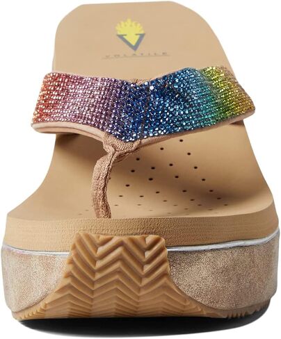 VOLATILE Womens Glimpse Diamonte Rhinestone Thong Athletic Sandals Casual High Heel 3" & Up - Beige in Saudi Arabia