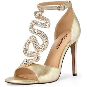 100FIXEO Women's Elegant Gold Rhinestone Snake T-Strap Open Toe High Heels Stiletto Heeled Sandals Peep Toe Sexy Party Shoes