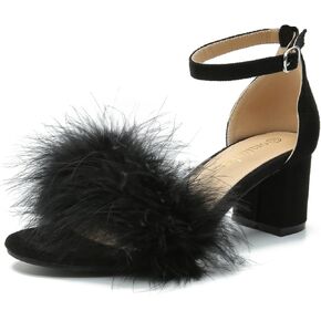 Omthanka Women's Open Toe Feather Heels Ankle Strap Low Block Chunky Heels Sandals Party Dress Pump Shoes in Kuwait