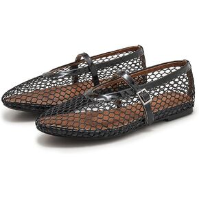 Mesh Ballet Flats for Women Fishnet Mary Jane Flat Shoe Buckle Strap Casual Office Ballerinas Shoes
