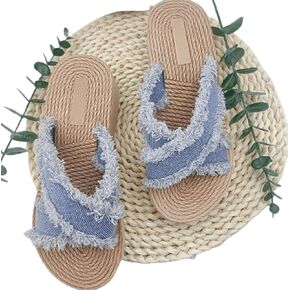 Denim Slipper Slide Sandals For Women with Cross Design & Straw Sole Fashionable Indoor & Outdoor Comfort Step into Style