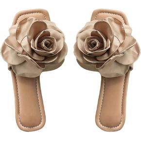 GORGLITTER Women's 3D Flower Applique Single Band Slide Sandals Square Open Toe Flats Shoes